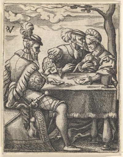 To mænd og en kvinde spiller kort ved et bord, en mand presser sin næse mod ..., ca. 1535-62. af Virgil Solis