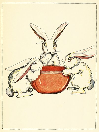 Flopsy, Mopsy og Cotton-Tail havde brød og mælk og brombær til middag fra The Tale of Peter Rabbit, pub. 1916 (farve litho) af Virginia Albert