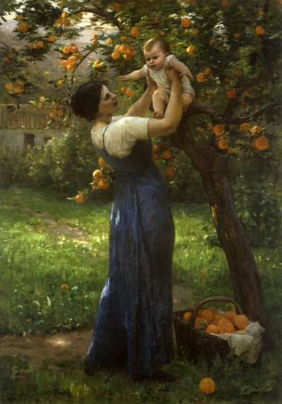 Mor og barn i en appelsinlund (olie på lærred) af Virginie Demont Breton