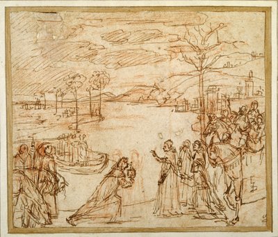 Kardinal Bessarion præsenterer for tre repræsentanter for Scuola della Carita i Venedig relikvieskrinet med et fragment af det sande kors (pen og blæk over kridt på papir) af Vittore Carpaccio