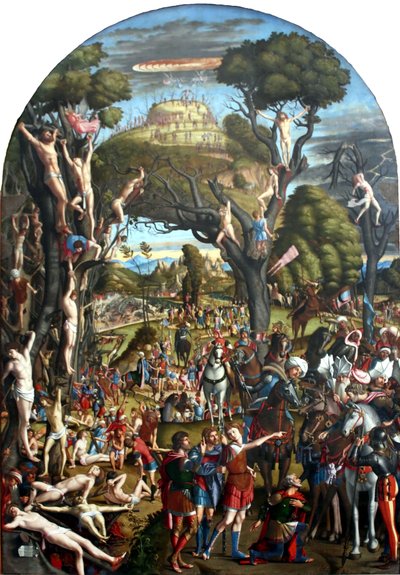 Korsfæstelse og apotheose af de ti tusind martyrer på Ararat-bjerget. af Vittore Carpaccio