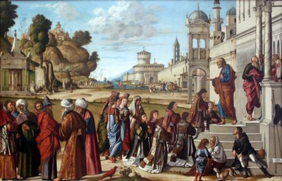 Tysk: Die Weihe des Heiligen Stephanus zum Diakon Indvielse af Sankt Stefan som diakon af Vittore Carpaccio