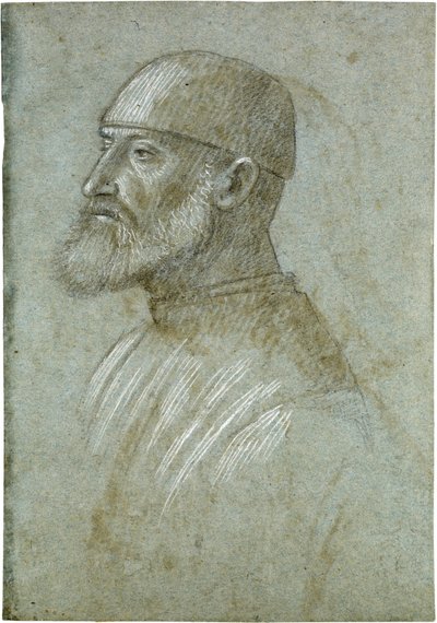 Hovedet af en skægget mand med kasket, set i profil mod venstre af Vittore Carpaccio