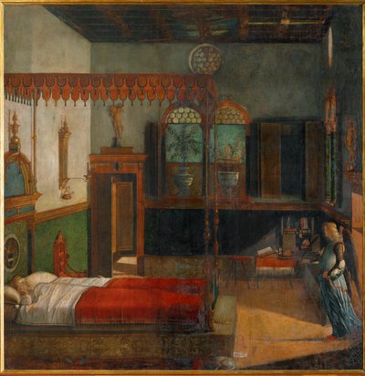 Sankt Ursula drømmer om sit kommende martyrium, som annonceres af en engel (maleri på lærred) af Vittore Carpaccio