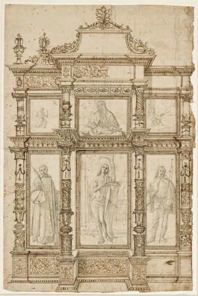 Studie til en altertavle med seks billeder sat i en udsmykket struktur af rammer. Øverst: Stigmatiseringen af St. Francis, Madonna og Child, St. Hieronymus i ørkenen; nederst: Sts Lawrence, Sebastian og Roch af Vittore Carpaccio
