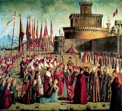 Pilgrimmene bliver mødt af pave Cyriacus foran Roms mure The Legend of Saint Ursula, 1497 af Vittore Carpaccio