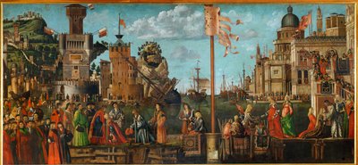 Mødet mellem Ursula og hendes forlovede Ereo; pilgrimmenes afrejse ... (maleri på lærred) af Vittore Carpaccio