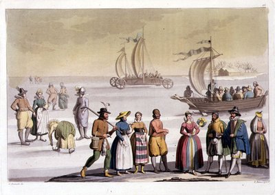 Hollandsk skøjtescene graveret af G. Bramatti (farvet gravering) af Vittorio (after) Raineri