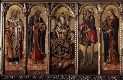 ""Madonna og barn med hellige"" Er repræsenteret: Saint Nicolas of Myre eller Bari (270-345), Saint Anthony Abbed (Sankt Anthony den Store (250/251-356) (eller Saint Anthony eneboeren), Saint Christopher og Sankt Catherine (af Alexandria?). af Vittorio Crivelli