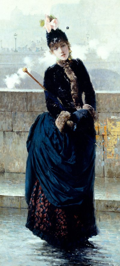 Lady on bridge in Paris af Vittorio Matteo Corcos (1859-1933), olie på lærred af Vittorio Matteo Corcos