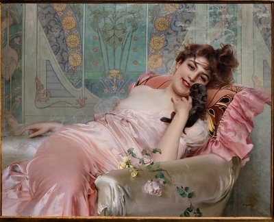 Dame med en lille hund af Vittorio Matteo Corcos