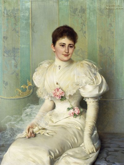 Portræt af en dame, siddende i trekvart længde, iført en hvid kjole af Vittorio Matteo Corcos