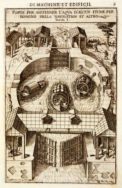 Hydraulisk maskine til en kanal eller flodsluse, 1607 af Vittorio Zonca