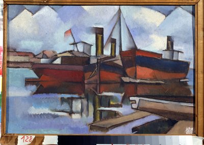 Dampbåde - Maleri af Vladimir Davidovich Baranov Rossine (Baranov-Rossine) (Wladimir Daniel Baranoff Rossine (Baranoff-Rossine) (1888-1944) - Olie på lærred, 35,5 x 51,5 cm af Vladimir Davidovich Baranov Rossine