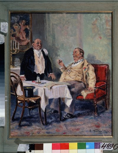 På en restaurant (på en restaurant). En overvægtig og tilfreds mand, en blomst i knaphullet, lykønsker tjeneren ved slutningen af ​​sin middag. Maleri af Vladimir Yegorovich Makovsky (Makovsky, Makovskij) (1846-1920), olie på lærred af Vladimir Egorovic Makovsky