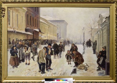 Natteasylet (Dosshouse). Gadebillede, en flok trængende, hjemløse mennesker er samlet foran receptionsbygningen, der lider af kulde og fattigdom. Maleri af Vladimir Yegorovich Makovsky (Makovsky, Makovskij) (1846-1920), olie på lærred af Vladimir Egorovic Makovsky