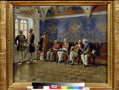 Venter på et publikum. Venteværelse med karakterer i officielt kostume med alle æresdekorationer og attributter fra deres adel og funktioner venter og diskuterer, før de bliver modtaget af zaren. pei af Vladimir Egorovic Makovsky