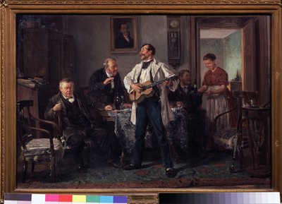 Venner. Samlet omkring et bord i en stue lytter de til en guitarist, der synger, mens en kvinde bringer dem en ny flaske vin. Maleri af Vladimir Yegorovich Makovsky (Makovsky, Makovskij) (1846-1920), olie på t. af Vladimir Egorovic Makovsky