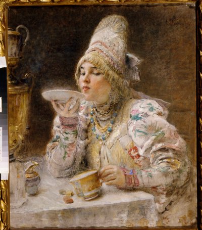 Te tid. (En Boyar-kvinde (boiard, boiar), i hertugdømmet Moskvas traditionelle kjole og hovedbeklædning, sidder nær en samovar og drikker den te, hun har hældt i underkoppen på sin kop). Maleri af Konstantin Yegorovich Makovsky (Constantin Mako af Vladimir Egorovic Makovsky