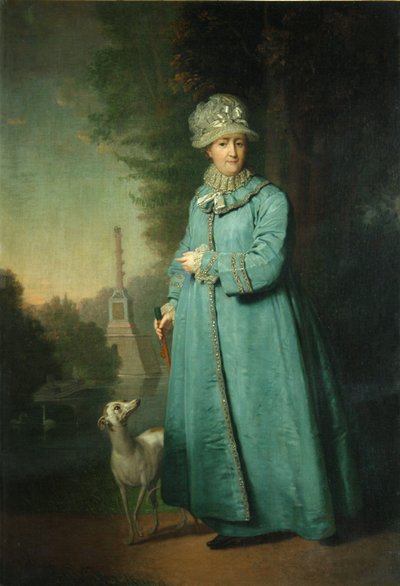 Catherine II slentrer i parken ved Tsarskoye Selo med Chesme-søjlen i baggrunden, 1794 af Vladimir Lukich Borovikovsky