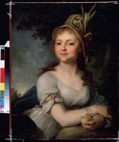 Portræt af Ekaterina Arsenyeva. Hun har en hat og armbånd og holder en frugt. (Portræt af Ekaterina Arsenyeva). Maleri af Vladimir Lukich Borovikovsky (eller Borovikovsky) (1757-1825). Olie på lærred, ca. 1790, 71,5 x 56,5 cm, russisk kunst, klassisk af Vladimir Lukich Borovikovsky