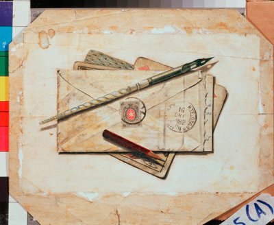 Et brev og spillekort. Stilleben. Værk af Vladimir Pavlovich Sokolov (1860-1913), akvarel på papir. russisk kunst af Vladimir Pavlovich Sokolov