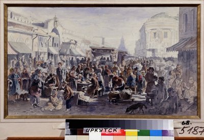Loppemarkedet i Moskva (Rusland) (The Second Hand Market In Moscow). Gadebillede, med karakterer i plettet og lappet tøj, nogle spiser ved borde foran en barak, andre ser på varerne, der tilbydes, atter andre gemmer sig af Vladimir Yegorovich Makovski