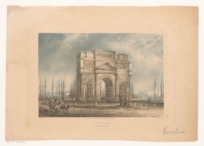 Landskab med Oranges triumfbue med rejsende orange. (Arc de Triomphe) (titel på objekt) af Vogel (prentmaker)