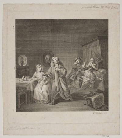 Barselsstuen III. akt 6. scene. Gravering efter Lorenzens Holberg Galleri. af WIlhelm Heuer