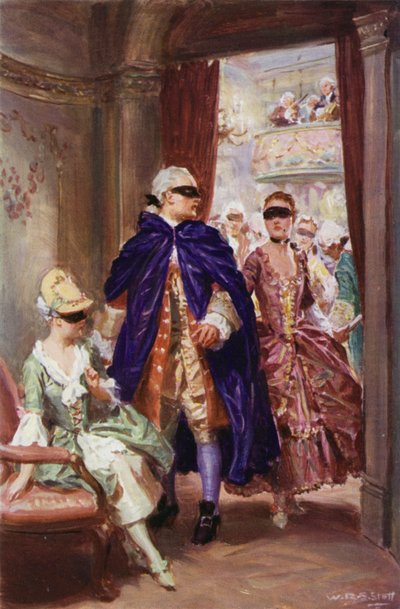 "En dame i en domino kom hen til ham og hviskede ham" (farve litho) af W.R.S. (after) Stott