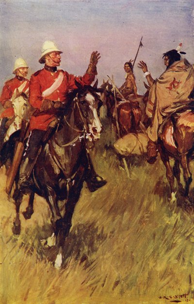 En udveksling af hilsener på prærien (farve litho) af W.R.S. (after) Stott
