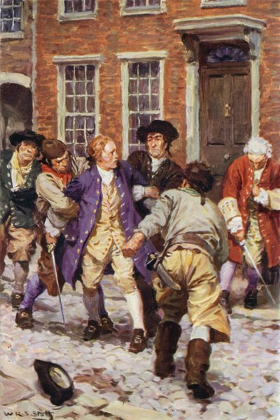 "I dette øjeblik styrtede en række fyre ind og greb Jones" (farve litho) af W.R.S. (after) Stott