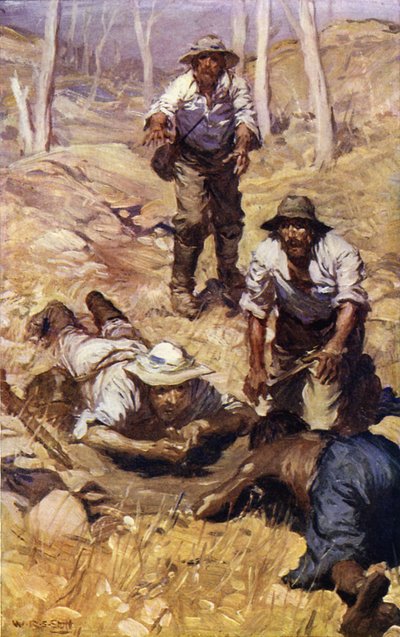 Kaptajn Gray og hans selskab finder vand (farve litho) af W.R.S. (after) Stott