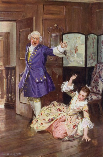 "Derefter brød han fra hende med en sådan vold, at hendes ansigt styrtede mod gulvet" (farve litho) af W.R.S. (after) Stott