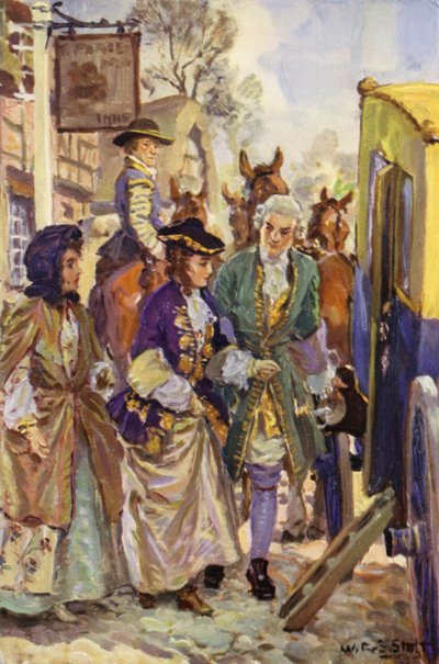 "Hans herredømme førte damerne ind i køretøjet" (farve litho) af W.R.S. (after) Stott