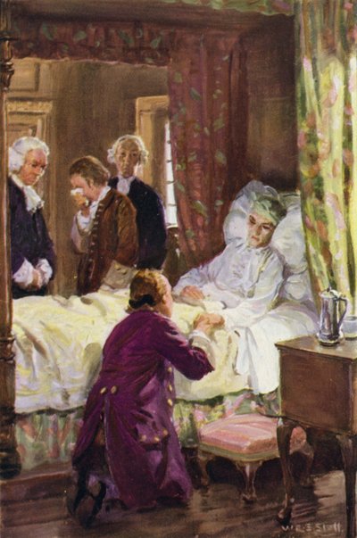 "Jones kastede sig for sin velgørers fødder" (farve litho) af W.R.S. (after) Stott