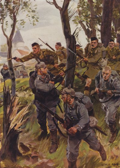 Seaforth Highlanders styrter fjenden (farve litho) af W.R.S. (after) Stott