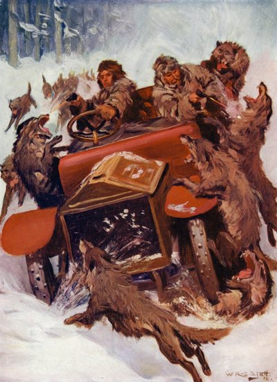 "De voldsomme væsner så ud til at overløbe bilen" (farve litho) af W.R.S. (after) Stott