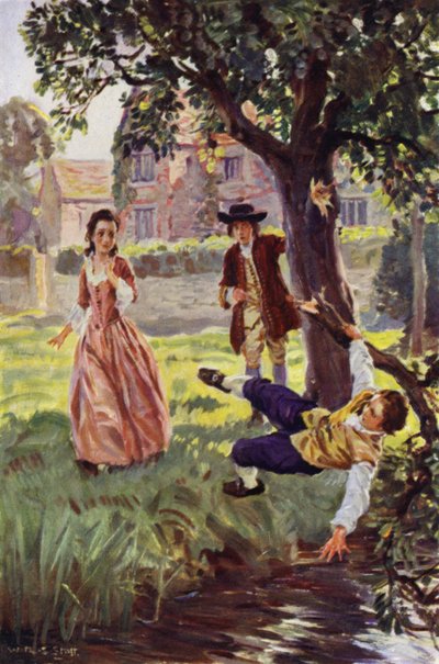 "Den stakkels dreng væltede over hoved og ører i vandet" (farve litho) af W.R.S. (after) Stott