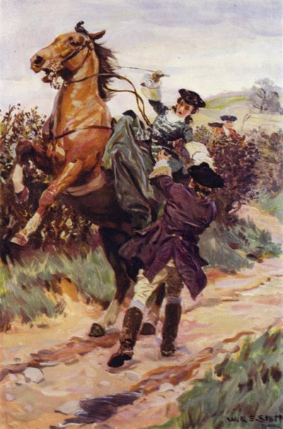 "Det uregerlige dyr kastede sin dejlige byrde fra ryggen, og Jones fangede hende i sine arme" (farve litho) af W.R.S. (after) Stott