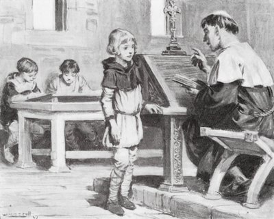 Den unge Cuthbert i skole (litografi) af W.R.S. (after) Stott