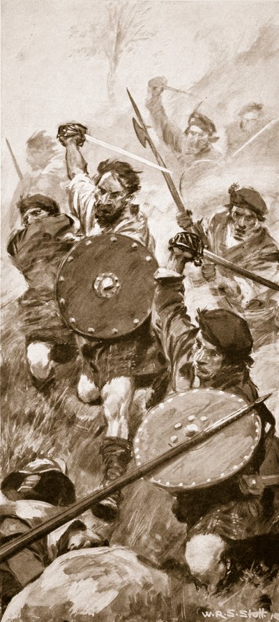 Highlanders ved slaget ved Killiecrankie, 27. juli 1689 (litho) af W.R.S. Stott