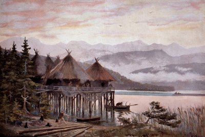 Forhistorie: landsby bati på pæle ved bredden af søen Zürich i Pierres tidsalder. Sølandsby, forhistorisk søby. Fra et maleri af W. Kranz 20. århundrede af W. (after) Kranz