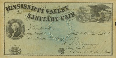 Blankt illustreret bidragsbevis for donationer foretaget på Mississippi Valley Sanitary Fair, 7. maj 1864 af W. A. Rosecrans