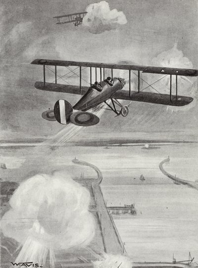 Eskadron-leder Richard Davies og flyve-løjtnant Richard Peirse smider bomber på ubådsstationen i Zeebrugge under kraftig beskydning, 23. januar 1915 af W. Avis