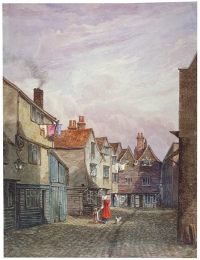 Udsigt af en kvinde og et barn, der går ned af Crown Court, Bermondsey, London, c1825 af W Barker