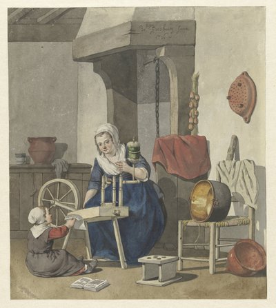 Interiør med en roterende kvinde med et barn af W. Barthautz