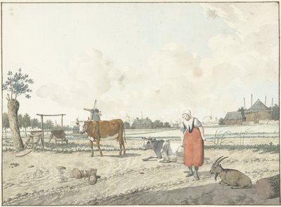 Landskab med bondekone og kreaturer af W. Barthautz