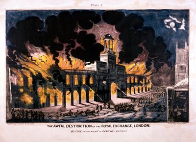 The Awful Destruction of the Royal Exchange 2nd brand, London, 1838 af W Clerk