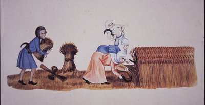 Middelalderkvinder høster majs efter en scene fra Luttrell Psalter (farve litho) af John Ward Dunsmore